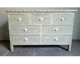 Handmade Floral Bone Inlay Tall Boy Dresser Bedroom Furniture Pink