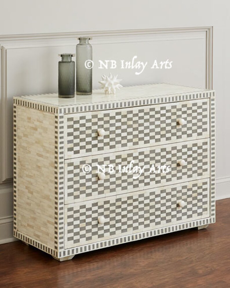 Bone Inlay Chest Of 3 Drawers Chess Board Design In Grey Etsy