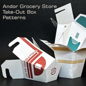 Peut inclure: Boîtes à emporter blanches avec des graphiques rouges et turquoise. L'une est ouverte, affichant un motif turquoise, tandis qu'une autre est partiellement ouverte, révélant un motif rouge. Les boîtes ont des poignées et sont étiquetées "Andor Grocery Store Take-Out Box Patterns."