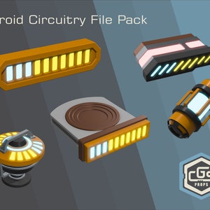 Könnte beinhalten: Ein Satz von fünf 3D-Modellen von Droiden-Schaltkreiselementen. Die Modelle sind in Orange, Grau und Schwarz mit gelben und blauen Lichtern. Die Modelle sind mit "Droid Circuitry File Pack" beschriftet.