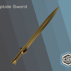 Op de afbeelding: Een gouden zwaard met een scherpe punt en een getextureerd handvat. Het zwaard heet "Riptide Sword" en is gemaakt door CGS Props.