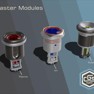 May include: Three different blaster modules, each with a different coloured light: red, blue, and green. The modules are labelled "Plasma", "Ion", and "Power".