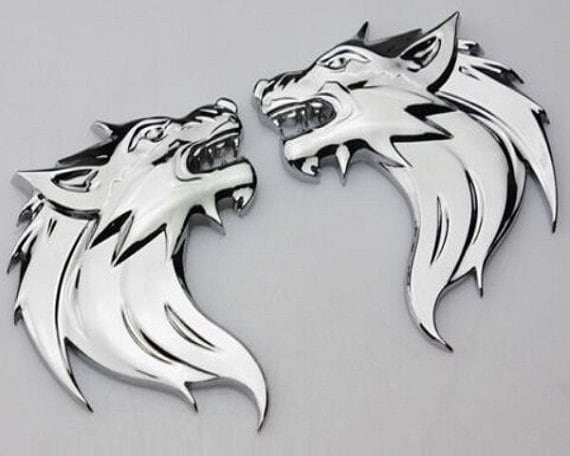 パーツ WOLF Pair 3D Quality Metal Wolf Head Badge Decals Emblem CAR