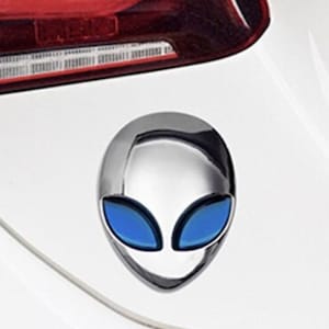 3D Metal Quality Big Alienware Alien Head Car UFO Decals Sticker Emblem - Silver Blue Eye