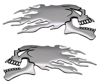 Pair Silver fire 3D Ghost Skull Head Auto Motorcycle Car Sticker Emblem