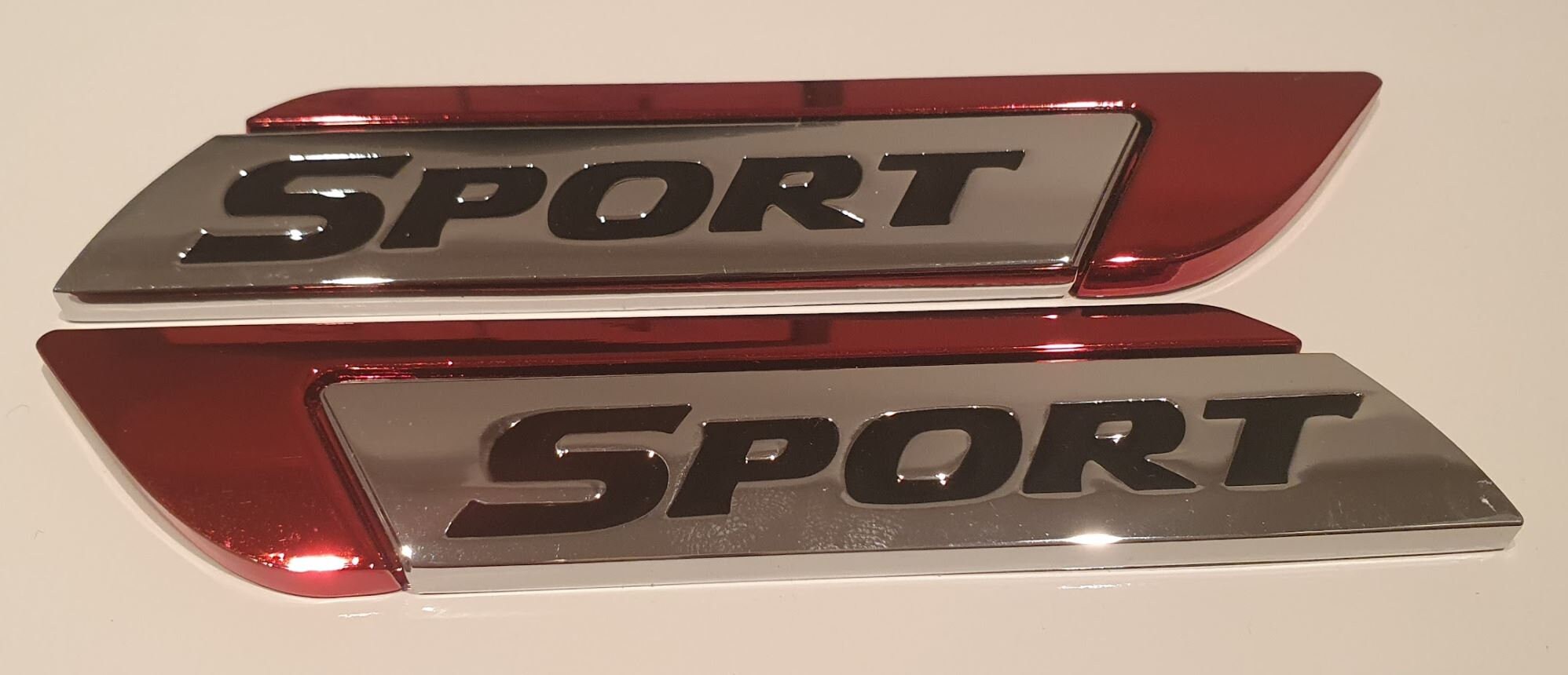 thumbnail interactive-video image 1 of Pair Of Red 3D Metal 'SPORT' Logo Emblem Badge Decals For Car Trunk Or Front Grille 1 of 5