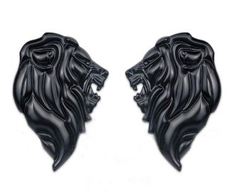 Pair Quality Metal Chrome 3D Lion Head Car Sticker Reflective Decal Auto - Black Colour