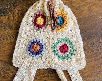 Handmade Cream Crochet Granny Square Backpack: Boho Festival Fashion
