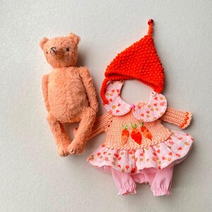 May include: A peach-coloured plush teddy bear next to a set of doll clothing consisting of a bright orange knit pointed hat, a peach-coloured knit sweater with three embroidered carrots, and a pink and white patterned dress with ruffled skirt.
