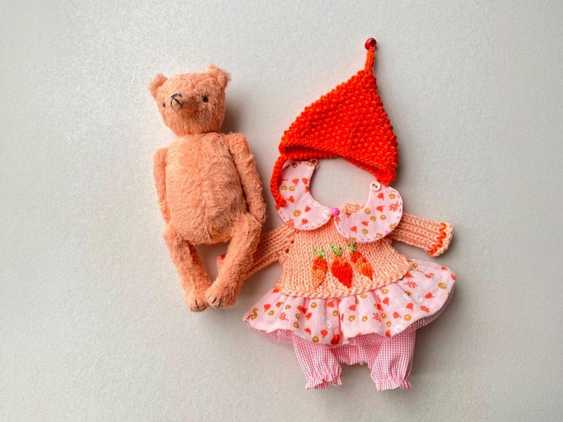 May include: A peach-coloured plush teddy bear next to a set of doll clothing consisting of a bright orange knit pointed hat, a peach-coloured knit sweater with three embroidered carrots, and a pink and white patterned dress with ruffled skirt.