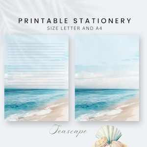 Juego de papel de escritura imprimible, Papelería de paisaje marino imprimible, Juego de papel, Papel de diario de Sandy Beach, Regalo de carta de escritura a mano de Penpal