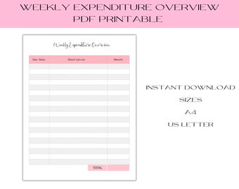 Weekly Expenditure Overview Budget Template, Instant Download Planner Insert, PDF Printable, Budget by Paycheck Finance Planner