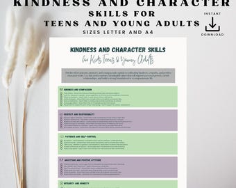 Character & Kindness Life Skills Checklist, Printable Tracker for Parents, Teens and Young Adults, Teaching Empathy Skills Worksheet