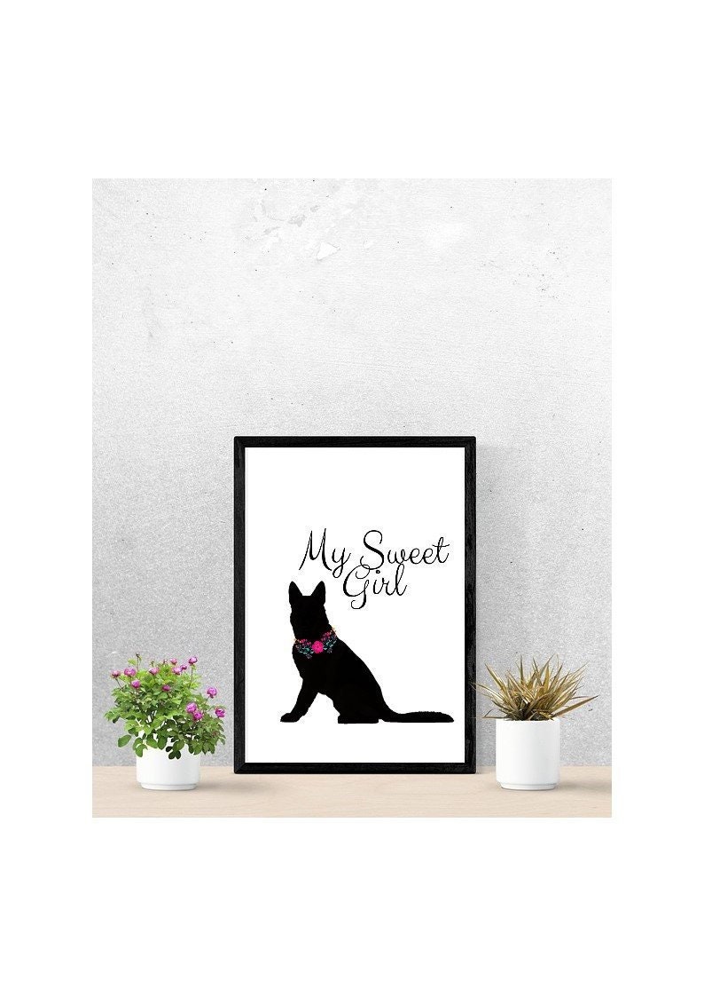 Alsatian Girl Picture Print with FlowerFloral Collar Wall or Frame Art Printable download Dog lover animal decor