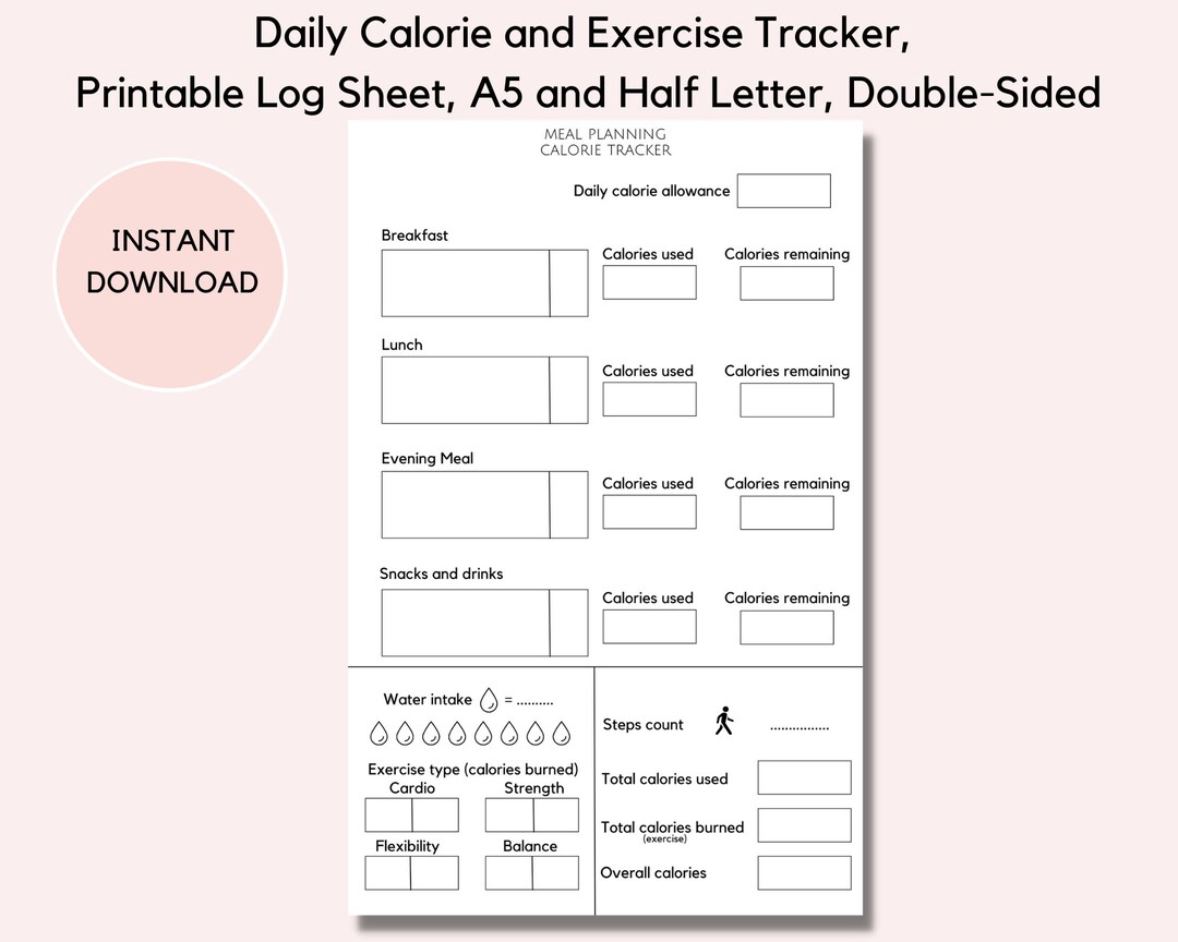 Daily Printable Calorie and Exercise Tracker Planner Insert Etsy