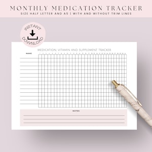 Monthly Medication Tracker, Printable Medication Log Sheet, Print at Home Supplement Tracking Chart Planner Insert, Instant Download