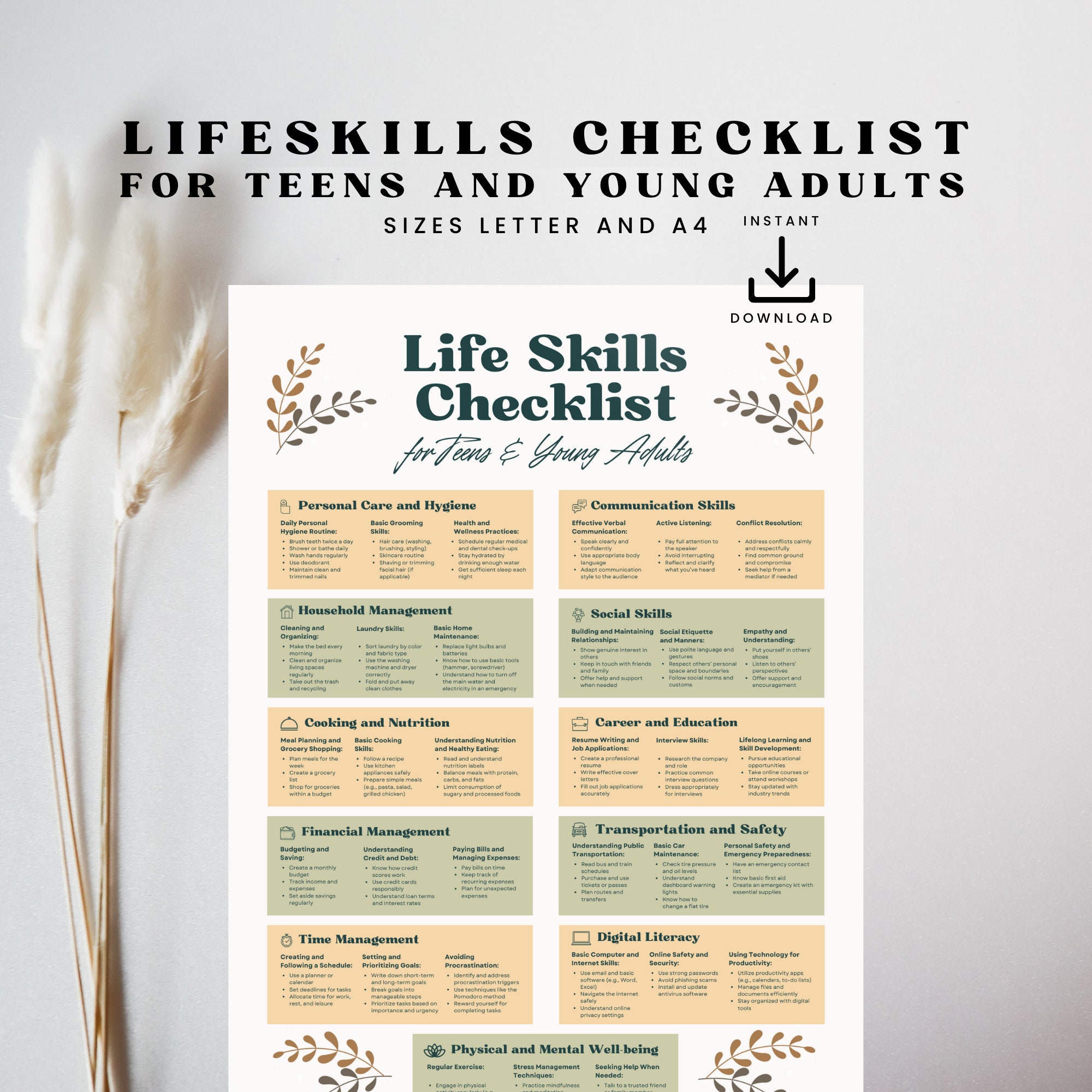 Life Skills Checklist for Parents, Teens and Young Adults, Printable Self-Responsibility Chart, Living Independently as a Young Person, PDF