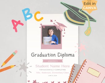 Editable Preschool Graduation Diploma, Elementary Graduation Certificate, Customizable Kindergarten Diploma, Canva Template