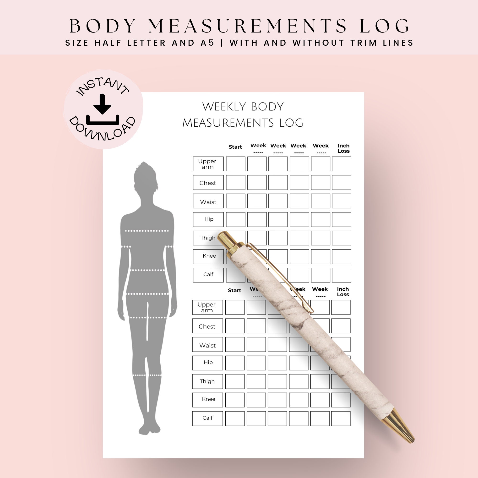 Body Measurement Tracker, Printable Body Statistics Record