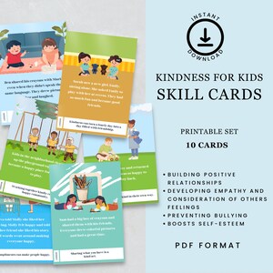Printable Kids Kindness Skills Cards, Social and Emotional Learning Cards, Being Kind Cards for Children, Kindness Card Printable Card Pack