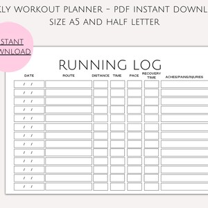 Running Log, Running Printable, Double-Sided Exercise Tracker, Instant Download