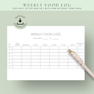 Food Log Sheet, tägliches Food Journal, Food/Mood Tracker, wöchentlicher Food Planner Einsatz, druckbare Diät Planer, Instant Download,