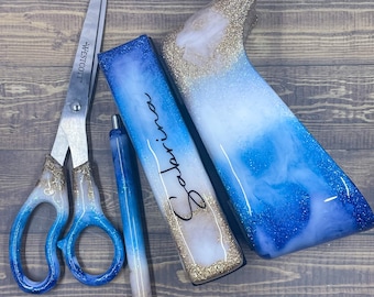 6 Piece Beach Theme Resin Office Supply Set | Resin Scissors | Resin Stapler | Resin Pen | Glitter Stapler Set | Personalized Desk Set