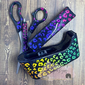 6 Piece Resin Office Supply Set | Resin Scissors | Resin Stapler | Resin Pen | Rainbow Leopard Print Set | Personalized Desk Set