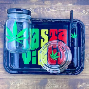 Rasta Vibes Rolling Tray Set | Black Rolling Tray Set | 5 Piece Custom Tray Set | Rolling Tray Set | Unique Gifts for Men