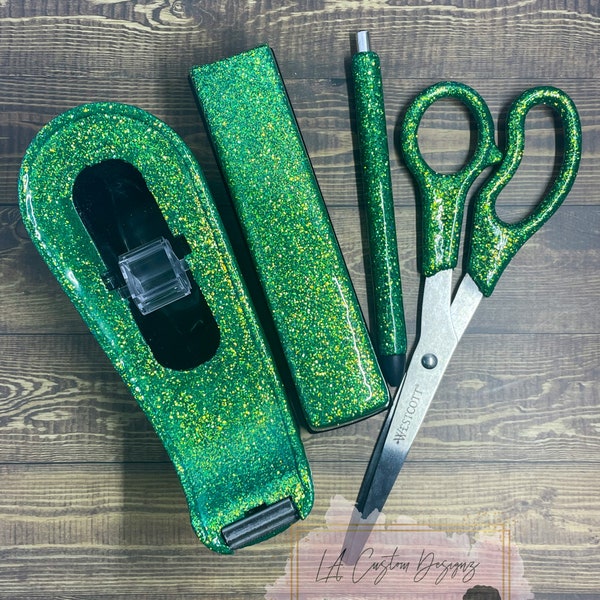 6 Piece Glitter Resin Office Supply Set | Resin Scissors | Resin Stapler | Resin Pen | Glitter Stapler Set | Personalized Desk Set