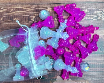 Replacement Glitter Resin Chess Pieces ONLY | Enchanted Opal & Chunky Pink | Checkers Set | Resin Game Set | Chess Board