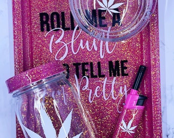 Roll Me and Tell Me I'm Pretty Tray Set |  Sweetie Pie Glitter Tray Set | 5 Piece Custom Tray Set | Rolling Tray Set