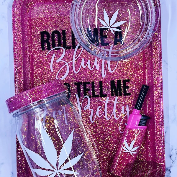 Roll Me and Tell Me I'm Pretty Tray Set |  Sweetie Pie Glitter Tray Set | 5 Piece Custom Tray Set | Rolling Tray Set