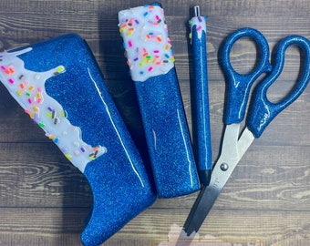 6 Piece Icing Drip Resin Office Supply Set | Resin Scissors | Resin Stapler | Resin Pen | Glitter Tape Dispenser Set | Personalized Desk Set