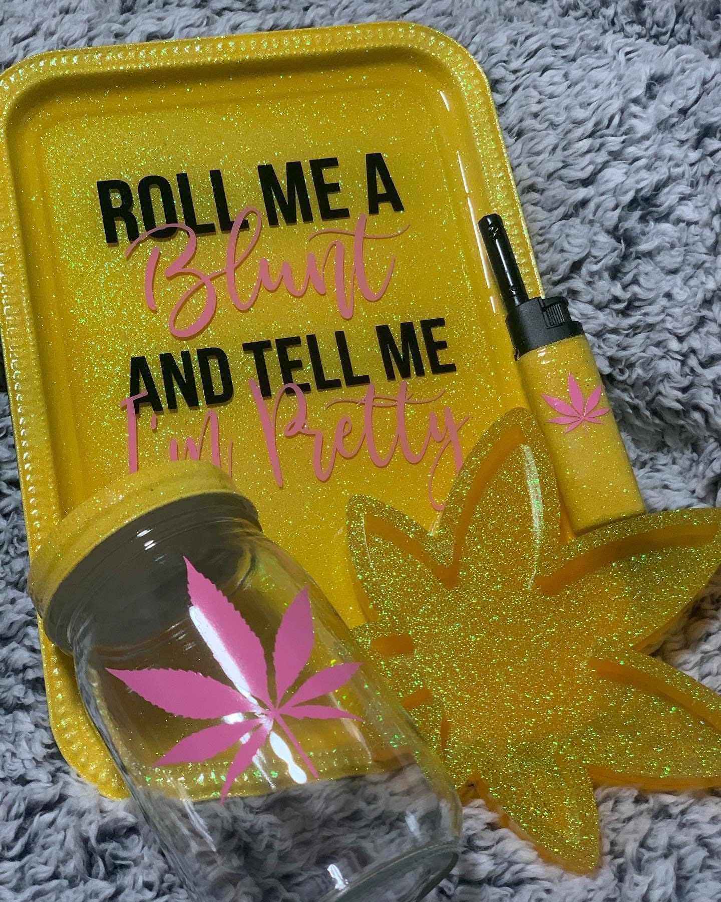 Roll Me and Tell Me I'm Pretty Tray Set Sweetie Pie Glitter Tray Set 5  Piece Custom Tray Set Rolling Tray Set 