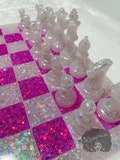 Glitter Resin Chess and Checkers Set | Enchanted Opal & Chunky Pink | Checkers Set | Resin Game Set | Chess Board