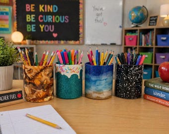 Custom Glitter Resin Pencil Holder | Personalized Teacher Desk Organizer | Classroom Decor