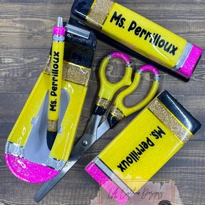 6-teiliges Glitzer-Bleistift-Kunstharz-Bürozubehör-Set | Resin Schere | Harz Tacker | Harzstift | Glitzer Tacker Hefter Set | Personalisierte Schreibtisch Set