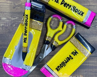 6 Piece Glitter Pencil Resin Office Supply Set | Resin Scissors | Resin Stapler | Resin Pen | Glitter Stapler Set | Personalized Desk Set