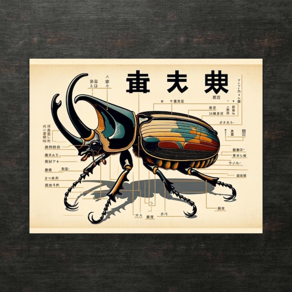 Japanese Style Rhino Beetle Anatomy Poster