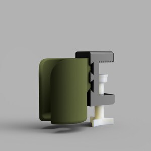 May include: A 3D-rendered image of a clamp, featuring a dark olive green curved section and a gray, black, and white mechanical component. The clamp has a screw for adjustment and a gripping mechanism.