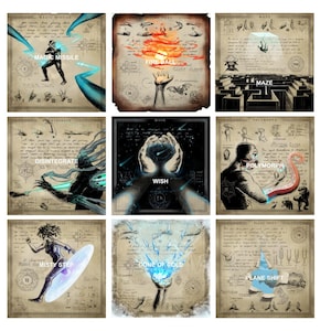 May include: A grid of nine square illustrations depicting magical spells on parchment-style backgrounds. Each panel features a central figure or effect with text labels: Magic Missile, Fire Ball, Maze, Disintegrate, Wish, Polymorph, Misty Step, Cone of Cold, and Plane Shift, accompanied by detailed sketches and handwritten notes.