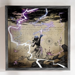 May include: A framed illustration of a woman casting a spell with lightning bolts. The image is on a parchment background with text that reads "Call Lightning" and "Cloud appears in the shape of a cylinder, make it 25 feet tall with a 60 ft radius. Control set a point you want... A bolt of lightning..."