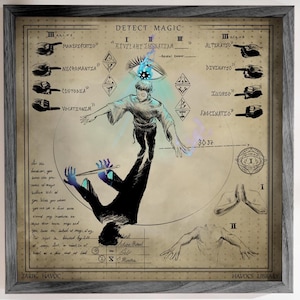 Puede incluir: Una impresión cuadrada enmarcada titulada Detect Magic, que presenta una figura central con un ojo azul brillante sobre la cabeza. La ilustración incluye gestos con las manos, símbolos geométricos, texto escrito a mano y una figura de sombra oscura, todo sobre un fondo color pergamino con un marco de madera gris oscuro.