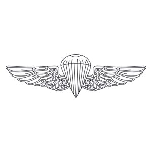 May include: A black and white line drawing of a military paratrooper badge with wings and a parachute.