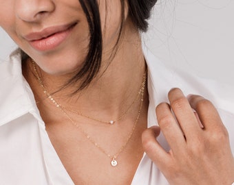 Double Layered Necklace • Tiny Personalised Disk Initial Necklace • Freshwater Pearl Necklace • Two-In-One Necklace • Initial Necklace