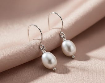 Simple Pearl Drop Earrings | Freshwater Pearl Drops, Sterling Silver | Handmade in Bath UK, Gift-Ready