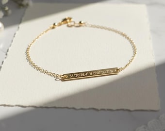 Pulsera de coordenadas personalizada, joyería de barra personalizada, latitud y longitud grabadas, ubicación GPS, regalo para él o ella, aniversario.