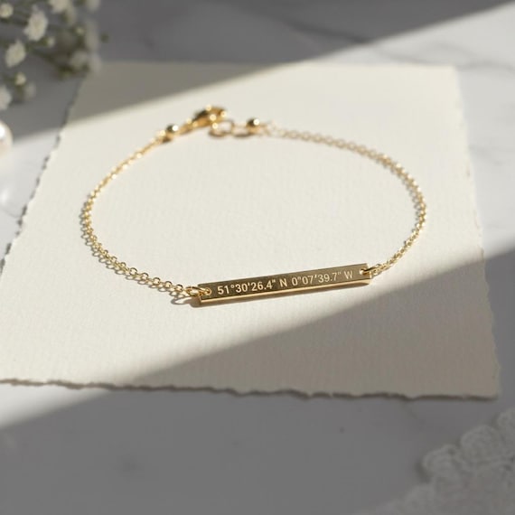 Custom Coordinates Bracelet Personalised Bar Jewellery Engraved Latitude Longitude GPS Location Gift for Him Her Anniversary