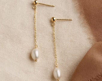 Long Chain Drop Pearl Earrings | 14k Gold Filled | Gift-Ready, Handmade in England